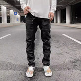 Hearujoy Y2k Front Pocket Wax Pu Leather Pants for Men Straight Slim Casual Overall Ropa Hombre High Street Loose Cargos Oversized